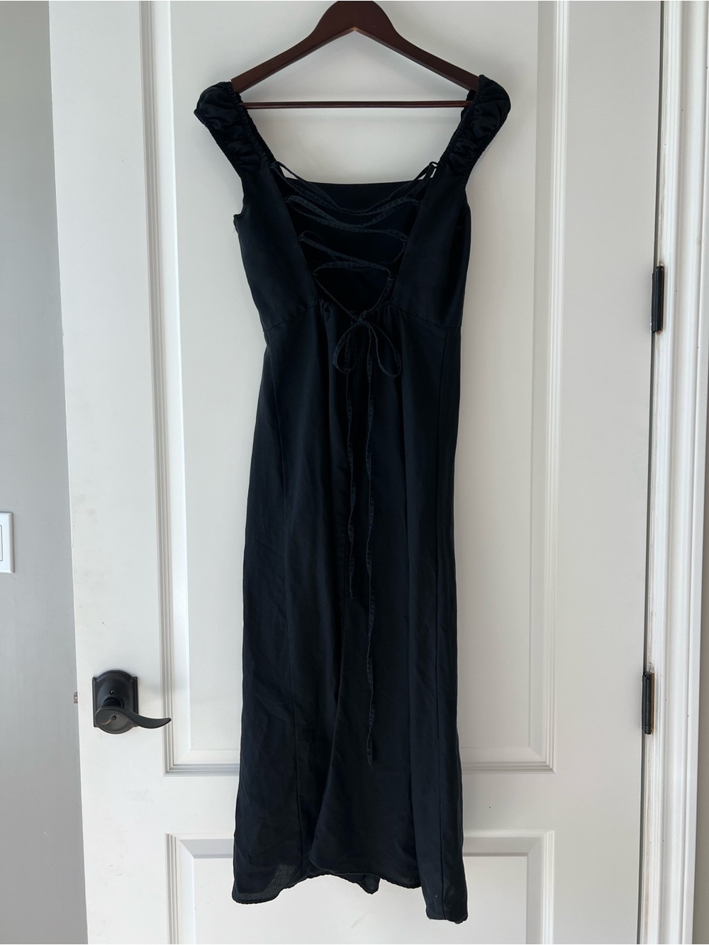 Zara Black Linen-Blend Maxi Dress Lace-Up Tie Back Square Neck Side Slit Medium - Picture 2 of 12
